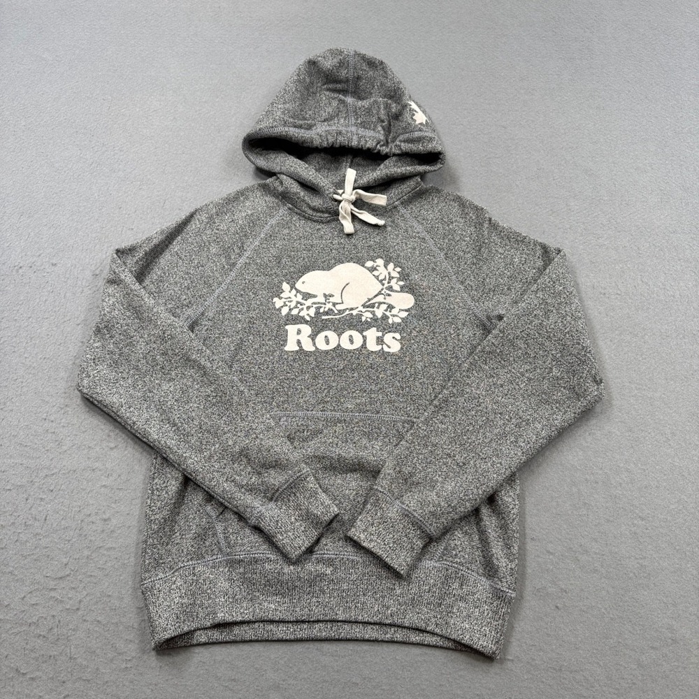 Roots Hoodie Women's Small Gray Salt Pepper Fleece Lined Beaver Logo Pullover
